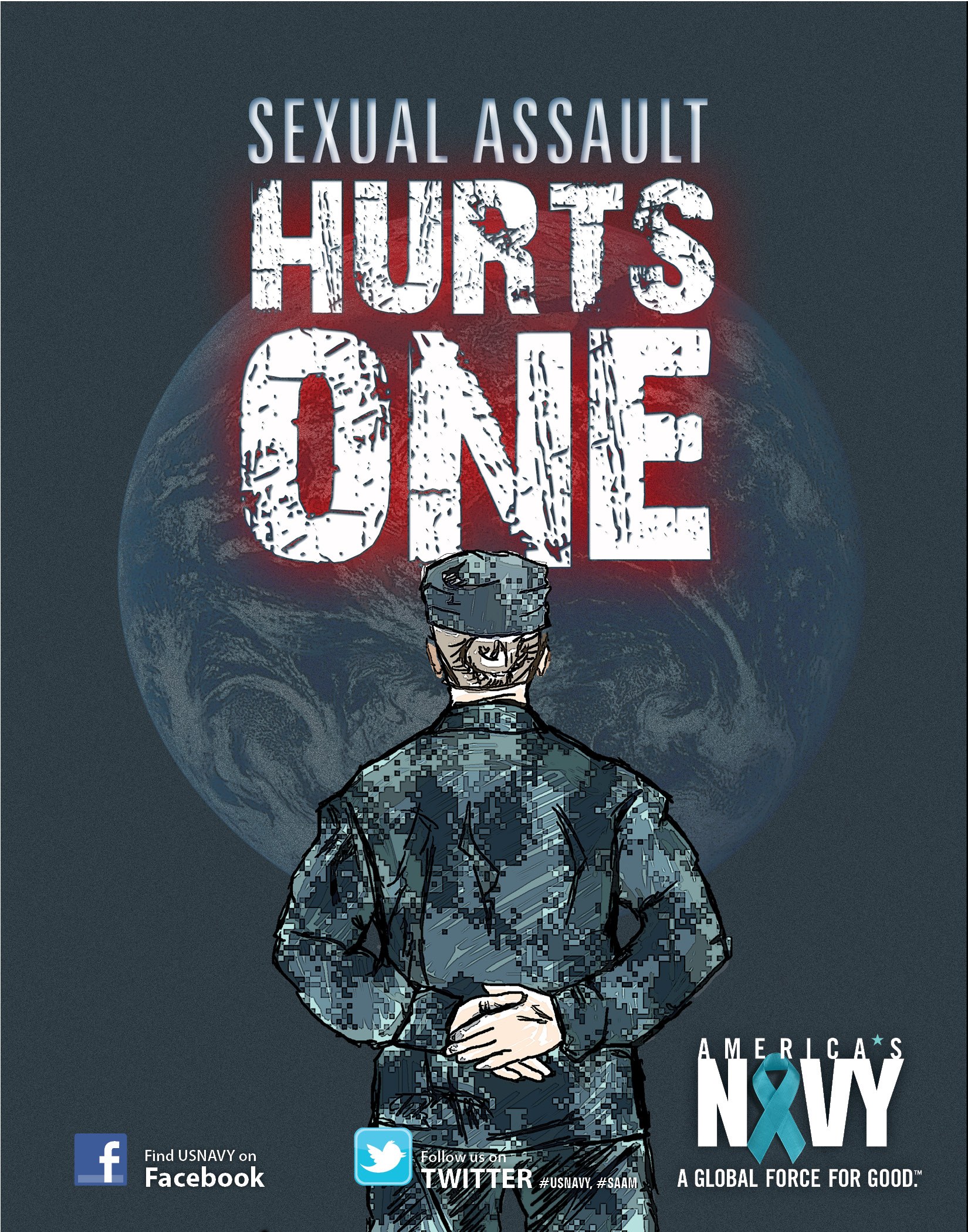 Ein Plakat mit einer Person in Uniform in der Mitte, umgeben von Logos und fetter schwarzer Schrift, die lautet "Sexual Assault Hurts One", die Stärke und Resilienz vermittelt.