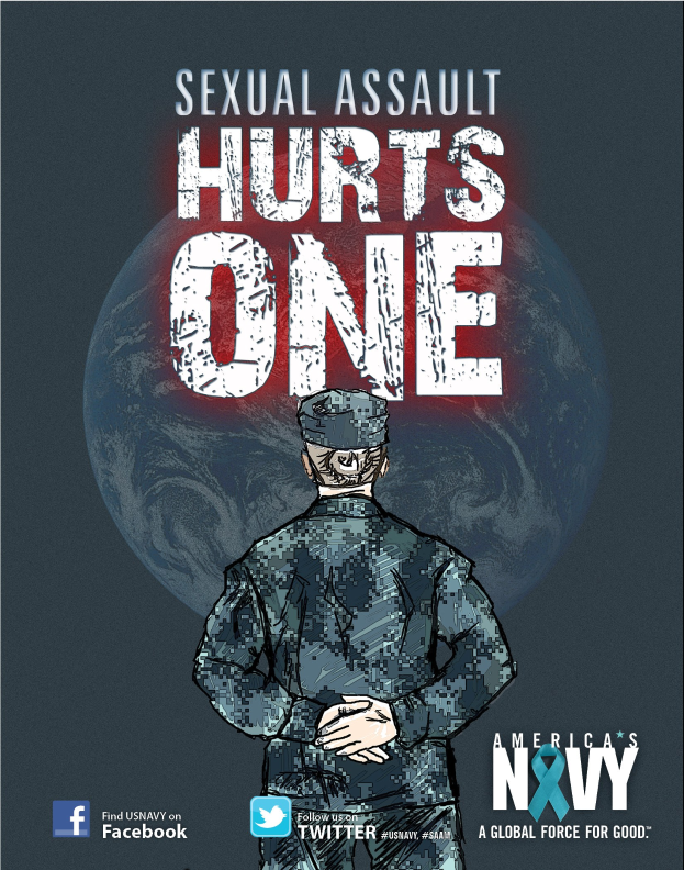 Ein Plakat mit einer Person in Uniform in der Mitte, umgeben von Logos und fetter schwarzer Schrift, die lautet "Sexual Assault Hurts One", die Stärke und Resilienz vermittelt.