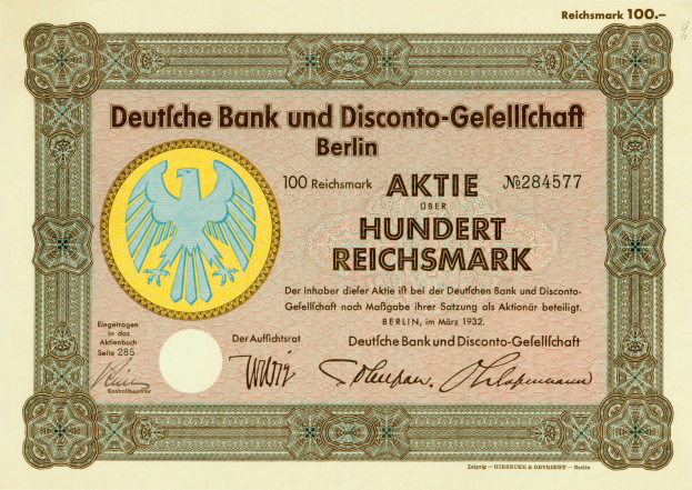 Alte deutsche Banknote mit einer Vogeldarstellung und dem Text "Deutsche Bank und Disconto-Gefellichaft Berlin".