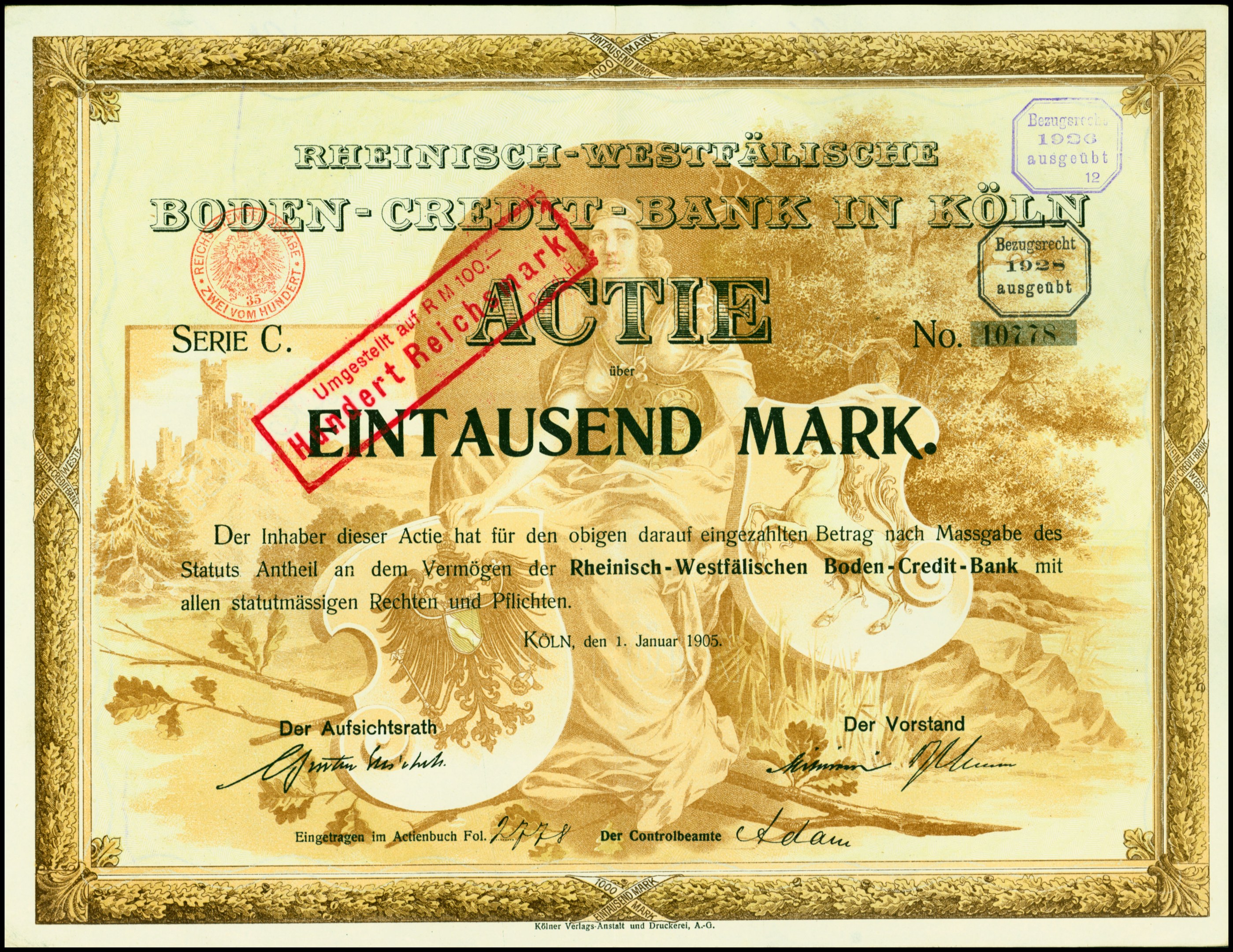 Rahmung alter deutscher Bankschein mit Porträt eines Mannes im Anzug mit ernstem Gesichtsausdruck, begleitet von Text und einem Stempel.