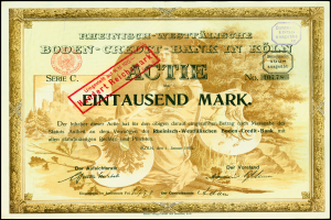 Rahmung alter deutscher Bankschein mit Porträt eines Mannes im Anzug mit ernstem Gesichtsausdruck, begleitet von Text und einem Stempel.