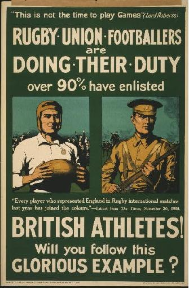 Britisches WWI-Recruiting-Plakat mit zwei Rugby-Union-Fußballern in Militäruniformen