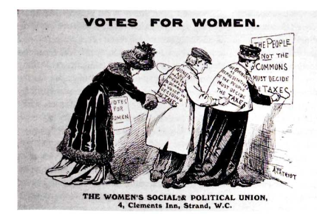 Cartoon von drei Frauen in traditioneller Kleidung, die ein Papier halten, auf dem 'Votes for Women: The Women's Social & Political Union' steht.