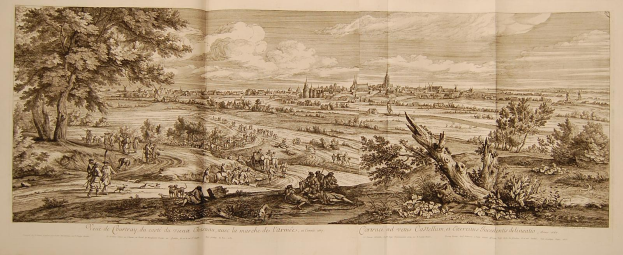 Offenes Buch mit dem Titel 'Ansicht der Schlacht von Castellum und Castellium aus der Illustrated London News' mit einer detaillierten Illustration einer SchlachtSzene mit Menschen, Bäumen, Pflanzen, Gebäuden und Wolken.