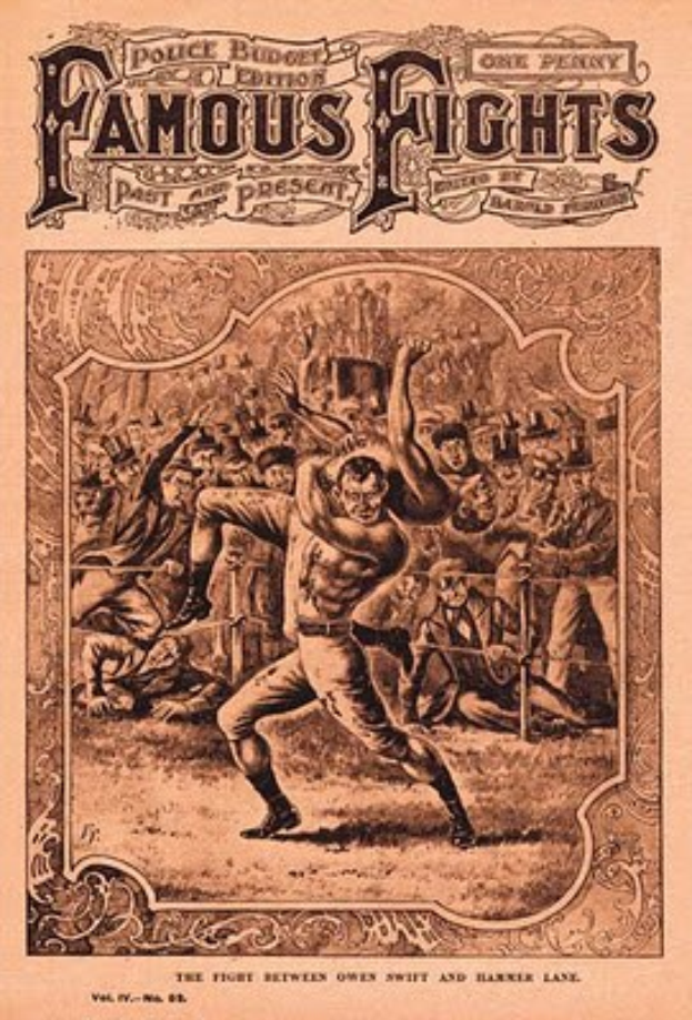Ein Buchumschlag mit der Aufschrift "Berühmte Kämpfe, Band 1, Nr. 8", auf dem eine Illustration eines Boxers im Ring zu sehen ist, umgeben von einer jubelnden Menge.