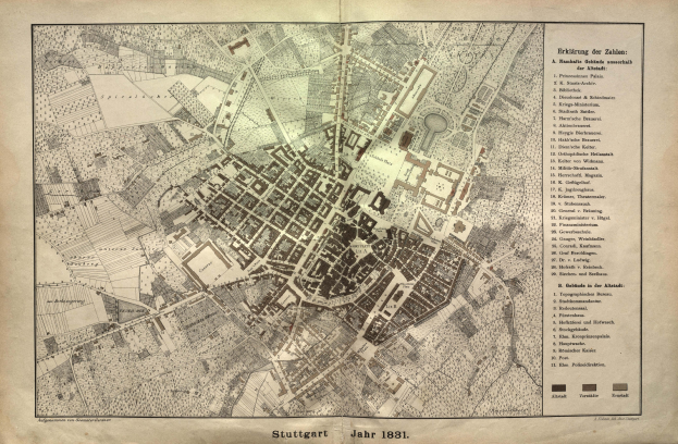 Ein detailliertes Stadtplan von Stuttgart, Deutschland, aus dem Jahr 1881 mit Text zur Übersicht des Gebiets.