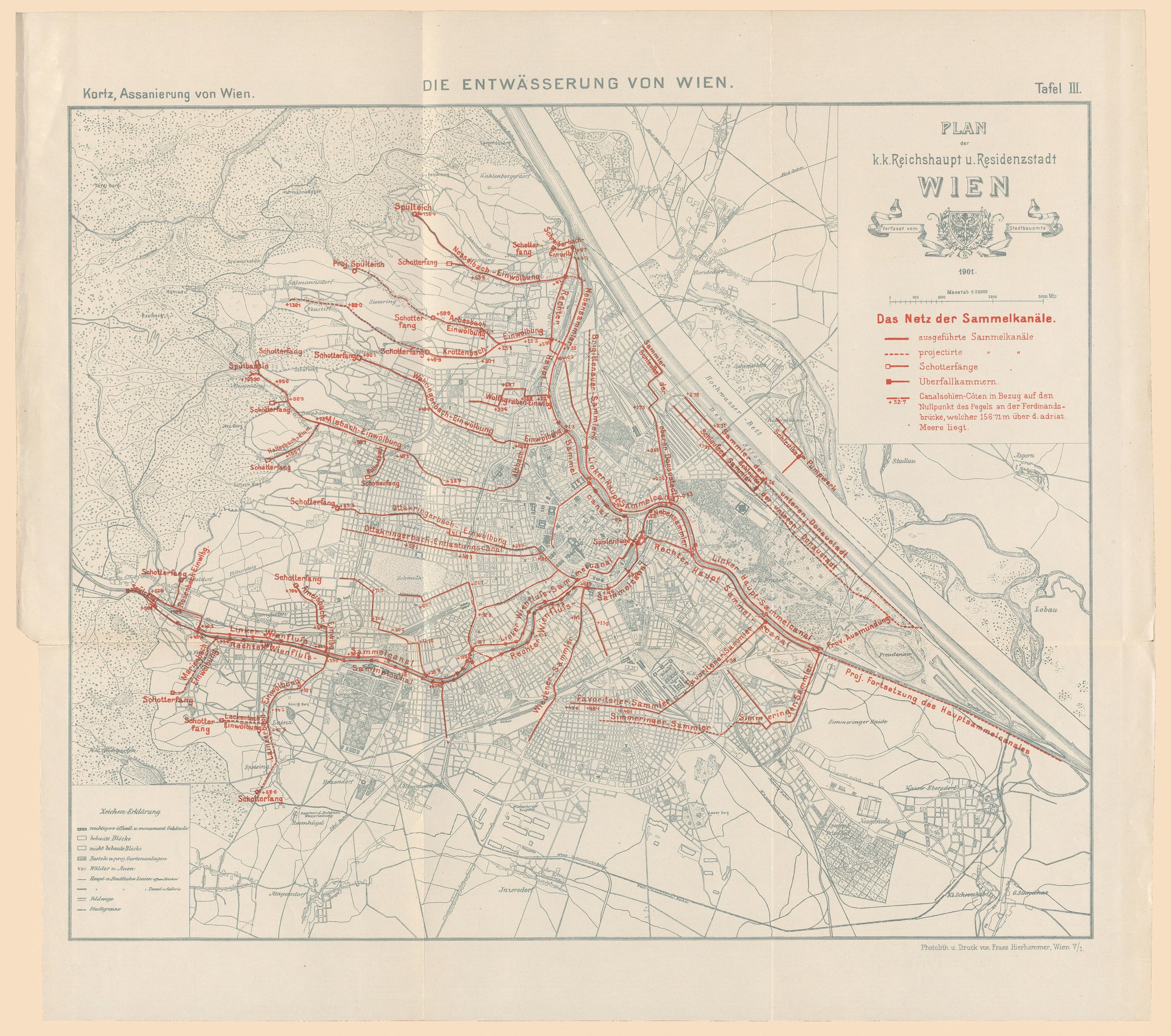 Old map of Wien, Germany, with red lines marking a train route, printed on paper with handwritten text.