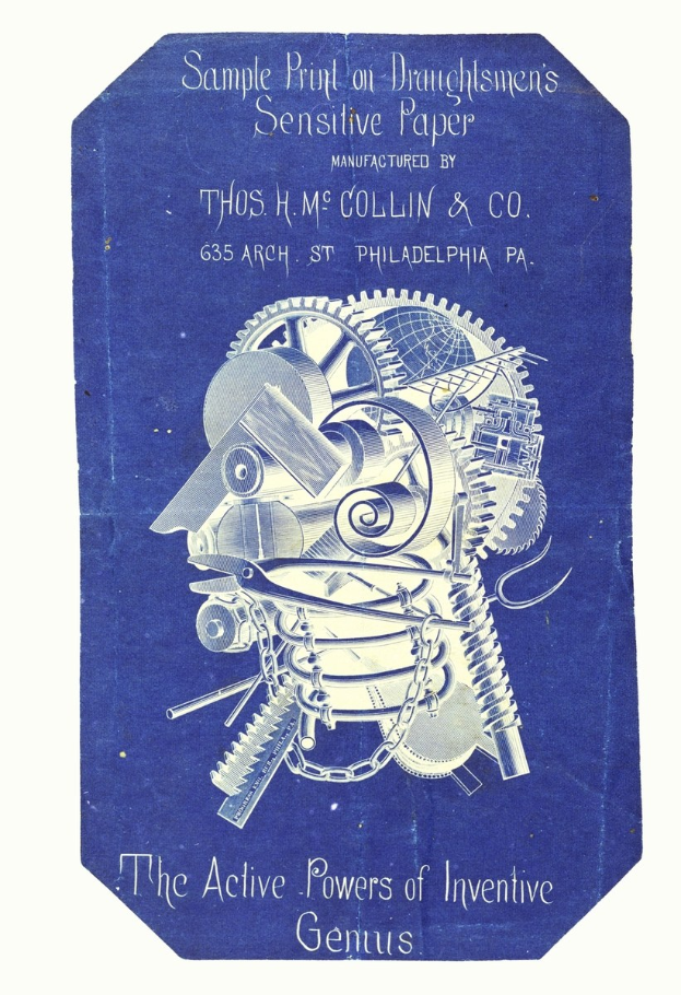 Ein blaues Buch mit dem Titel "Die aktiven Kräfte des erfinderischen Genius" mit einem weißen Cover, das das Gesicht eines Mannes mit entschlossener Miene in weißer Schrift zeigt.