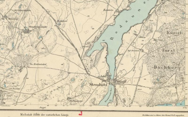 Detailed old map of Stendsitz, Germany, showing streets, buildings, landmarks, and a river with text indicating population, density, and location.
