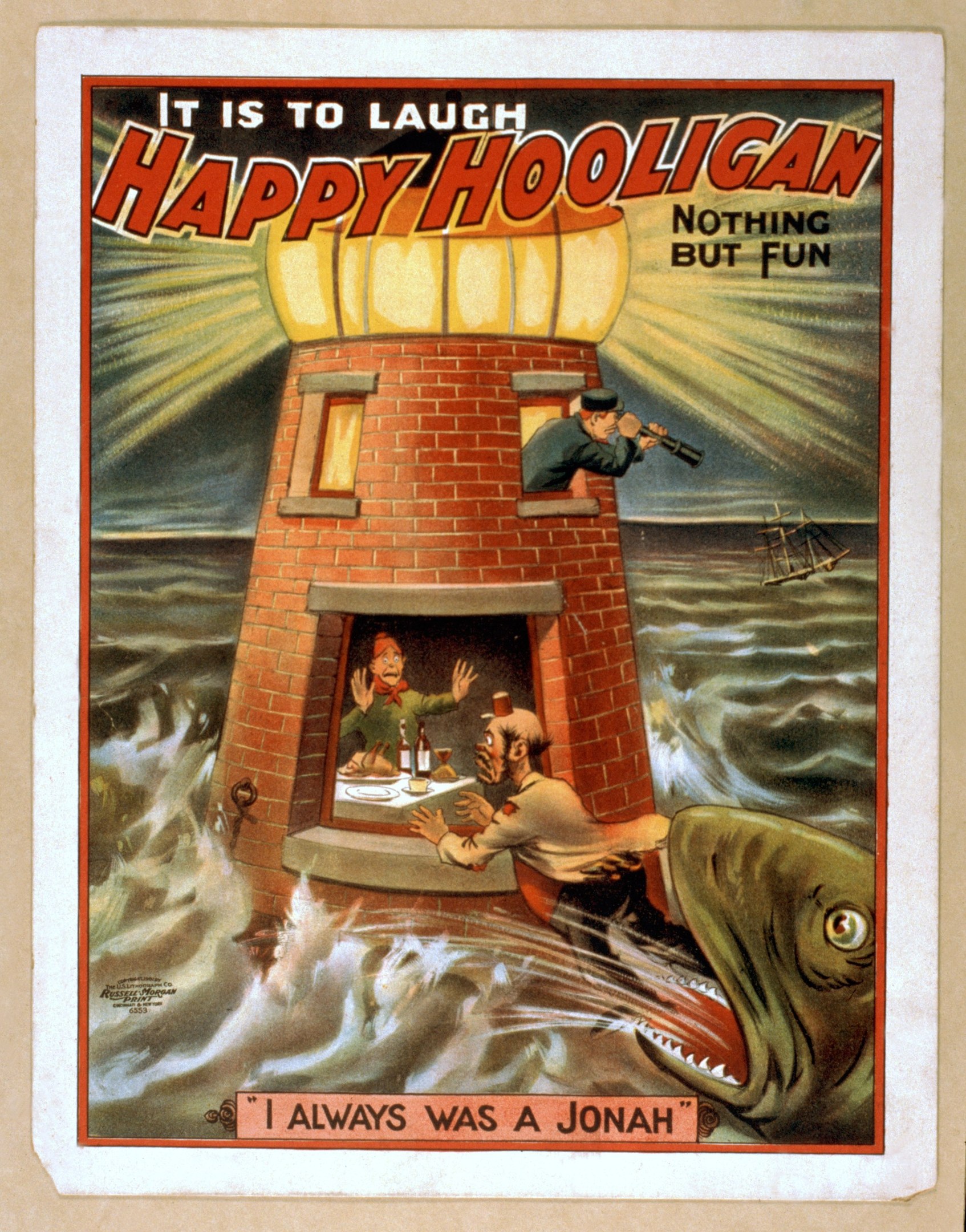 Ein Plakat mit einem Leuchtturm in der Mitte, umgeben von Menschen, einem Fisch und Wasser, mit der Aufschrift "Das ist zum Lachen, fröhlicher Rowdy, nichts als Spaß" oben und unten.