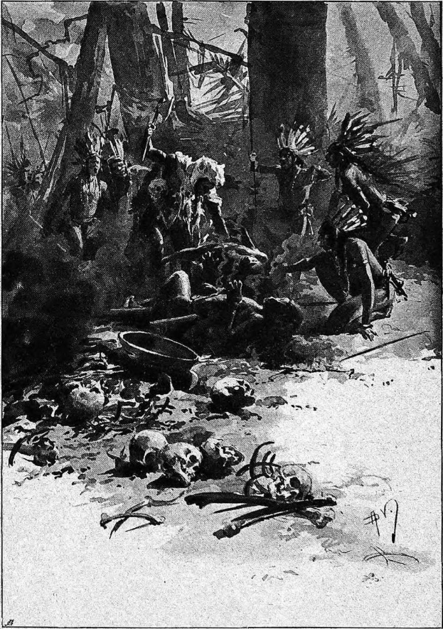 Black and white illustration of people in a wooded area with scattered skulls and objects, titled "The Death of a Native American Indian" at the bottom.