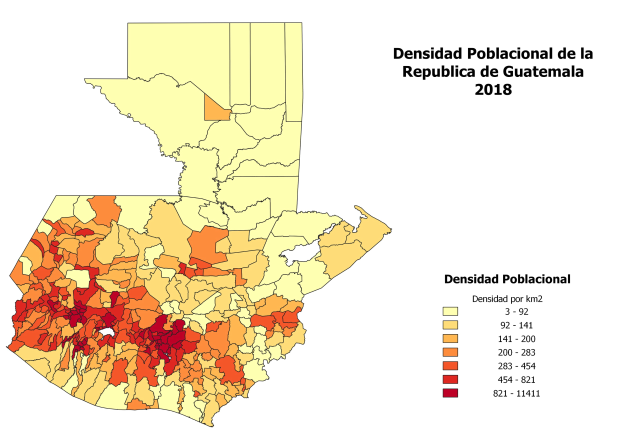 Color-coded map of Guatemala showing population density percentages in 2018, titled "Densidad Poblacional de la República de Guatemala 2018".