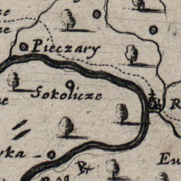Detailed old map of Sokolize with realistic trees, streets, buildings, and landmarks, featuring bold text.