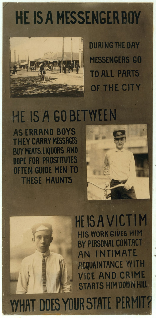 Plakat mit der Aufschrift 'Er ist ein Botenjunge' mit zwei Fotos eines ernsten Mannes und einer entspannten Frau, beide mit kurzem dunklen Haar in legerer Kleidung, auf einem hellblauen Hintergrund mit fetter schwarzer Schrift.