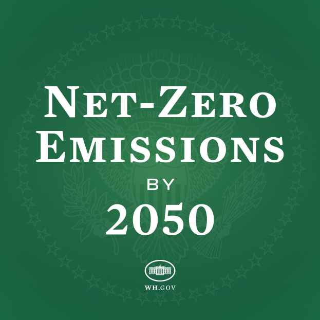 Weißer Text auf einem grünen Hintergrund, der "netto-null-Emissionen bis 2050" in fetter Schrift enthält.