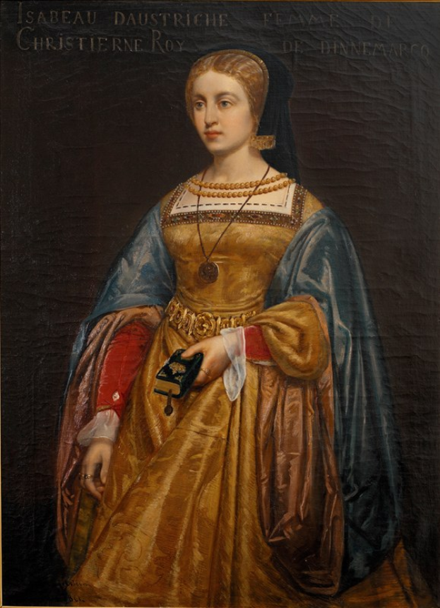 Gemälde von Isabella daustriche in einem goldenen Kleid mit detaillierten Verzierungen, Haar zu einem Knoten gebunden, von Christierne Roy, dargestellt mit feinen Zügen, serenem Ausdruck und königlicher Haltung.