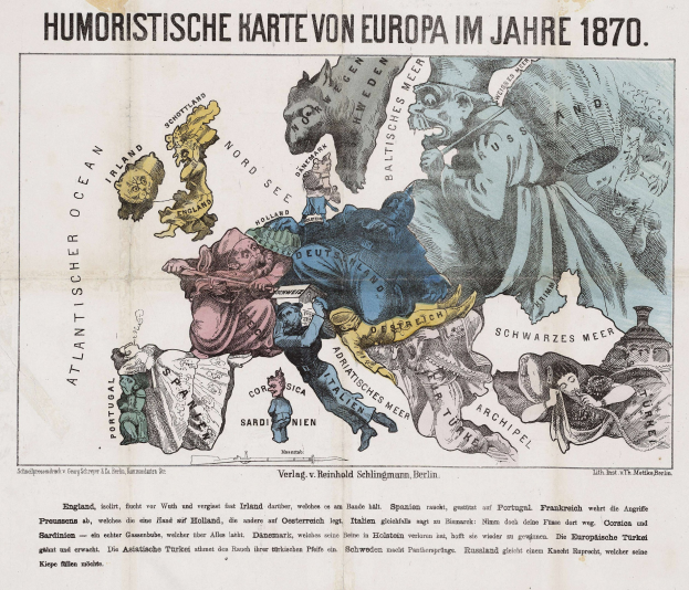 A poster titled "Humoristische Karte von Europa im Jahre 1870" featuring a map of Europe surrounded by cartoon images.