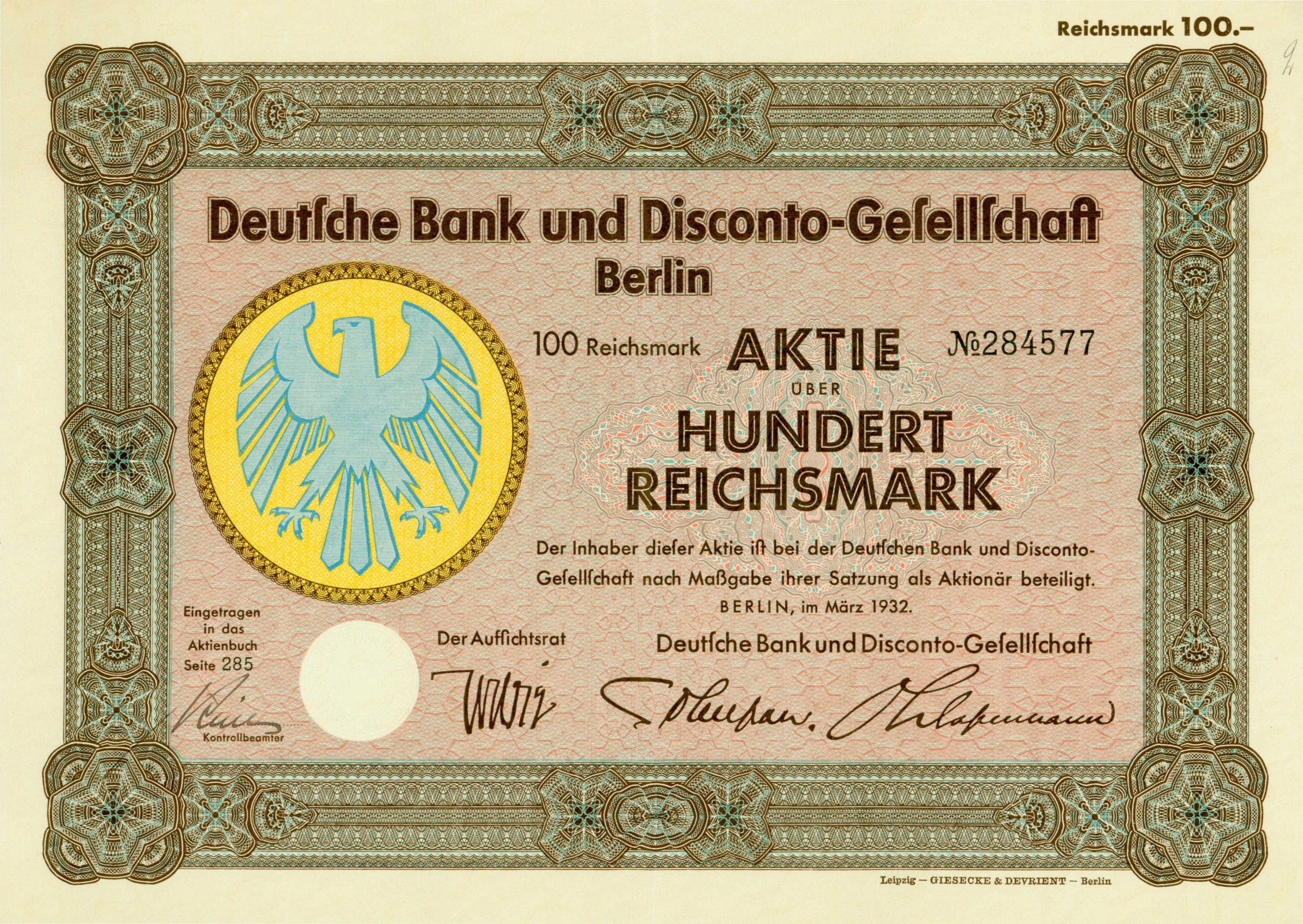 German banknote featuring a bird illustration and the text "Deutsche Bank und Disconto-Gesellschaft Berlin".