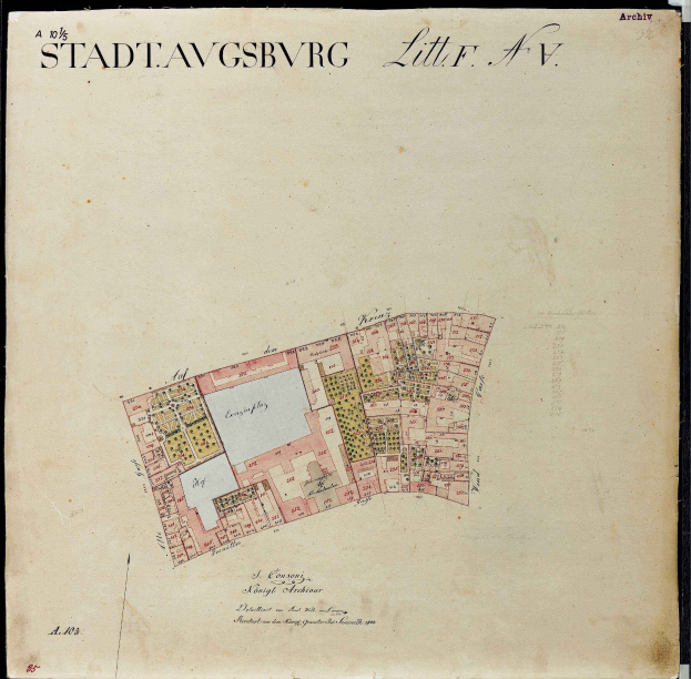 Detailed old map of Stadtavgsbvrg showing streets, buildings, landmarks, and text with additional city information.