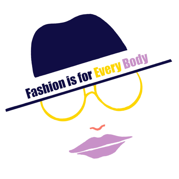 Logo mit einem stilisierten Gesicht und dem Text 'Fashion ist für jeden Körper' als Zeichen für Inklusivität in der Mode.