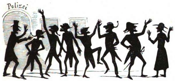 Black and white drawing of people dancing joyfully in front of a tall building with a large window and door, with the word "Polizei" in bold above them.
