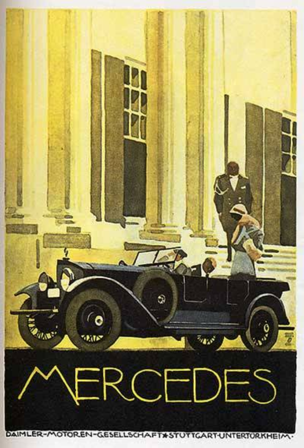Ein Vintage-Plakat aus den 1920er Jahren, das ein klassisches Mercedes-Benz-Auto zeigt, das vor einem modernen Glasgebäude geparkt ist, mit zwei Menschen im Auto und "Mercedes-Benz" in fetter schwarzer Schrift unten.