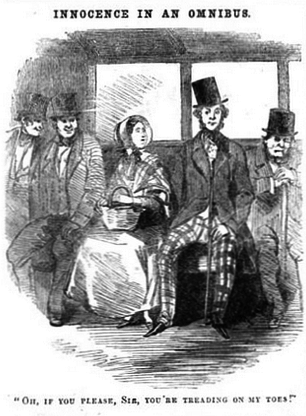 Eine Gruppe verängstigter Menschen sitzt in einem Zug, mit einer Frau in einem langen Kleid und Hut, die in der Mitte einen Korb hält, während der Text oben und unten 'Unschuld in einem Omnibus' lautet.