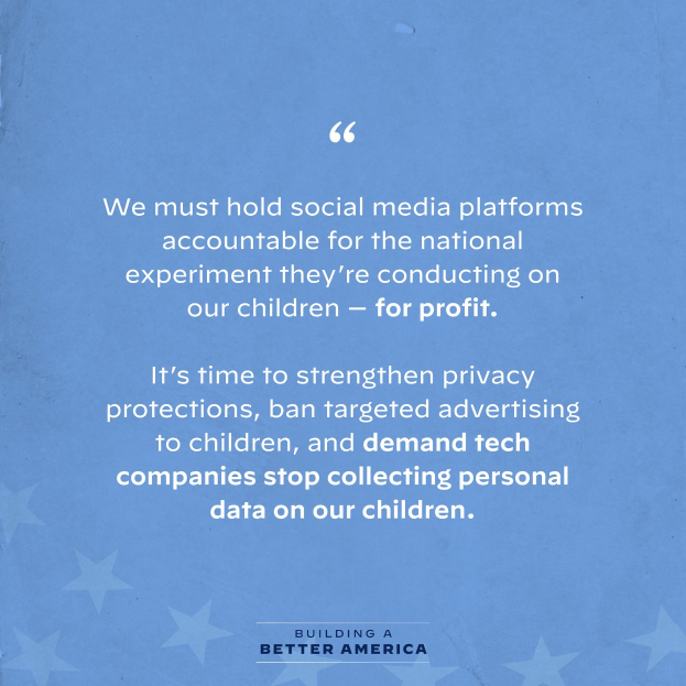 Plakat mit einem Zitat aus Building a Better America, das besagt, dass Social-Media-Plattformen für ihren Einfluss auf Kinder zur Rechenschaft gezogen werden sollten, dekoriert mit Sternen.
