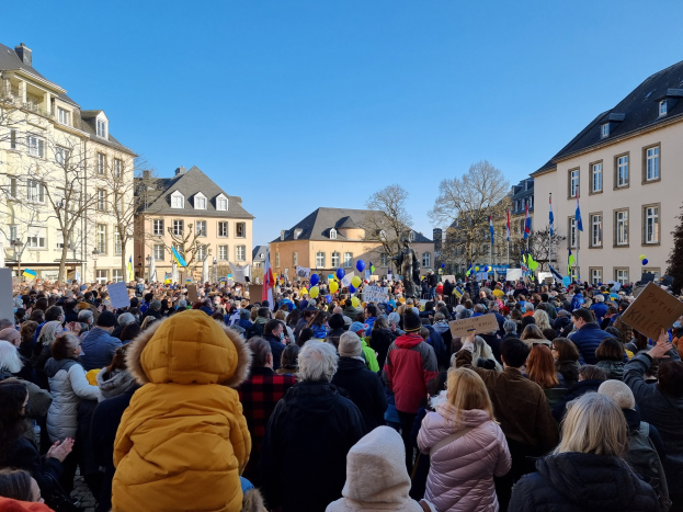 Große Menge mit Protestschildern und Fahnen vor einem Gebäude mit Bäumen und Fenstern im Hintergrund versammelt gegen ein Regierungsinternetverbot in Frankreich.