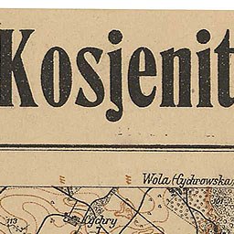 Old book titled "Kosjenit" with a detailed map of Wola, Poland, showing streets, buildings, and landmarks in a classic font.