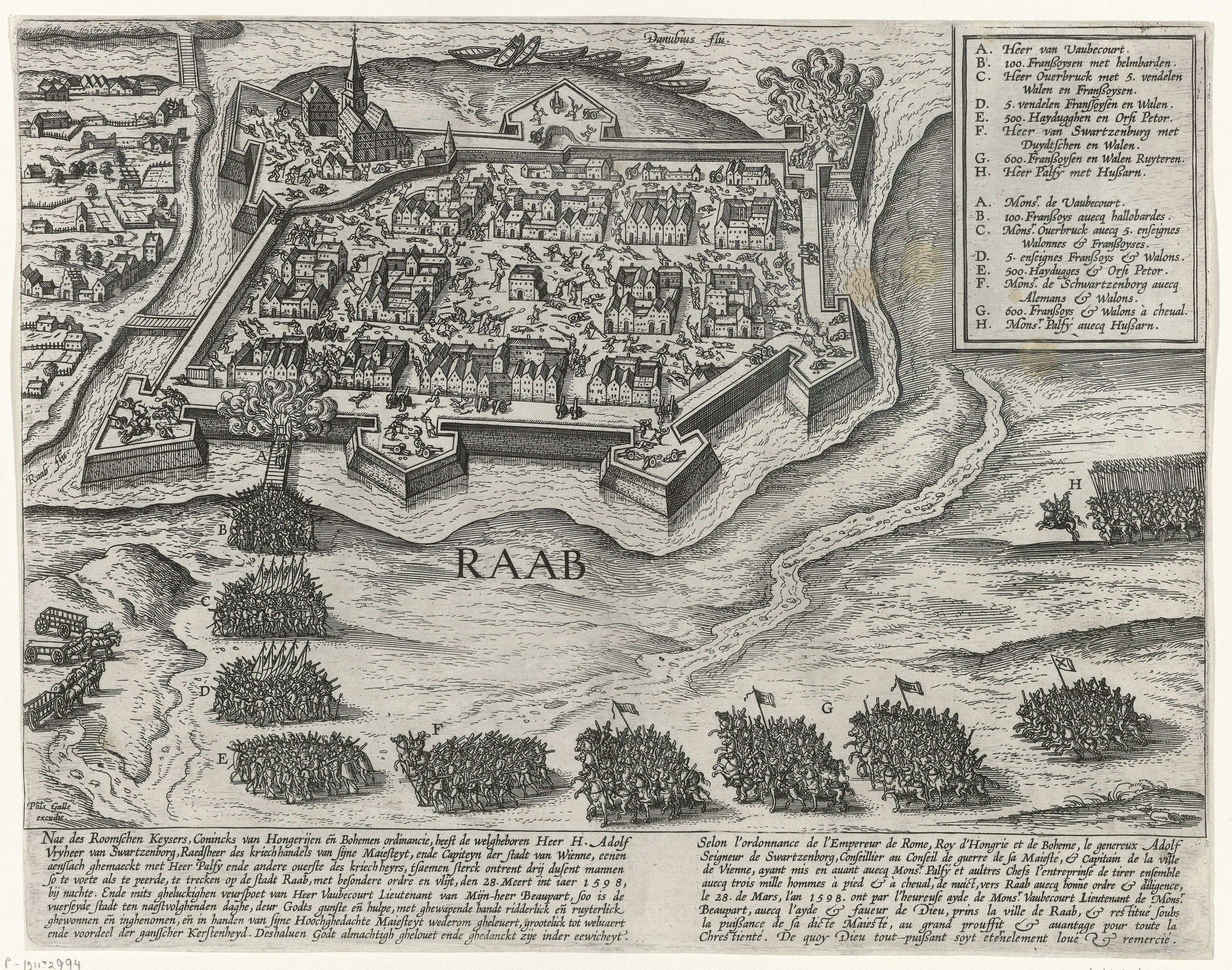 Old map of Raab, Netherlands, depicting trees, buildings, and descriptive text on aged paper.