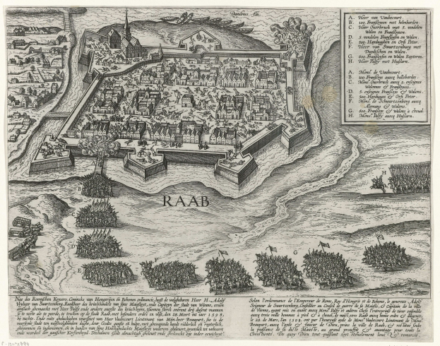 Old map of Raab, Netherlands, depicting trees, buildings, and descriptive text on aged paper.