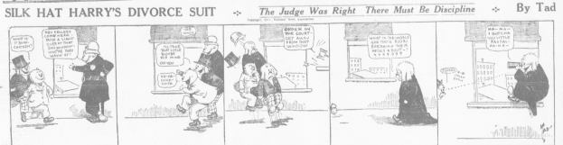 Cartoon-Illustration eines Mannes in einem schwarzen Anzug mit einem weißen Hemd und einer schwarzen Krawatte und einer Frau in einem eleganten Kleid mit einem schwarzen Schal, beide mit ernsten Gesichtern, beschriftet mit 'Scheidungsklage'.