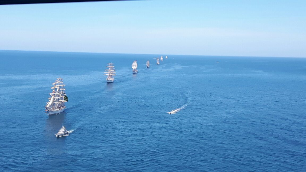 Eine große Gruppe von Hochseeschiffen nimmt an einem Regatta teil, die auf einem klaren blauen Himmel unter der Sonne segelt.