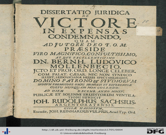 Open book titled "Dissertation Juridica de Victore in Expensas Condemando" with visible text suggesting court-related documents.