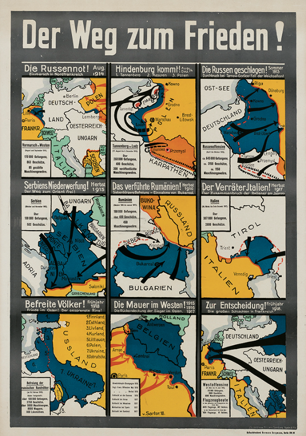 Ein Plakat mit einer bunten Deutschlandkarte mit verschiedenen Symbolen und der fett gedruckten Schrift 'Der Weg zum Frieden' darüber.