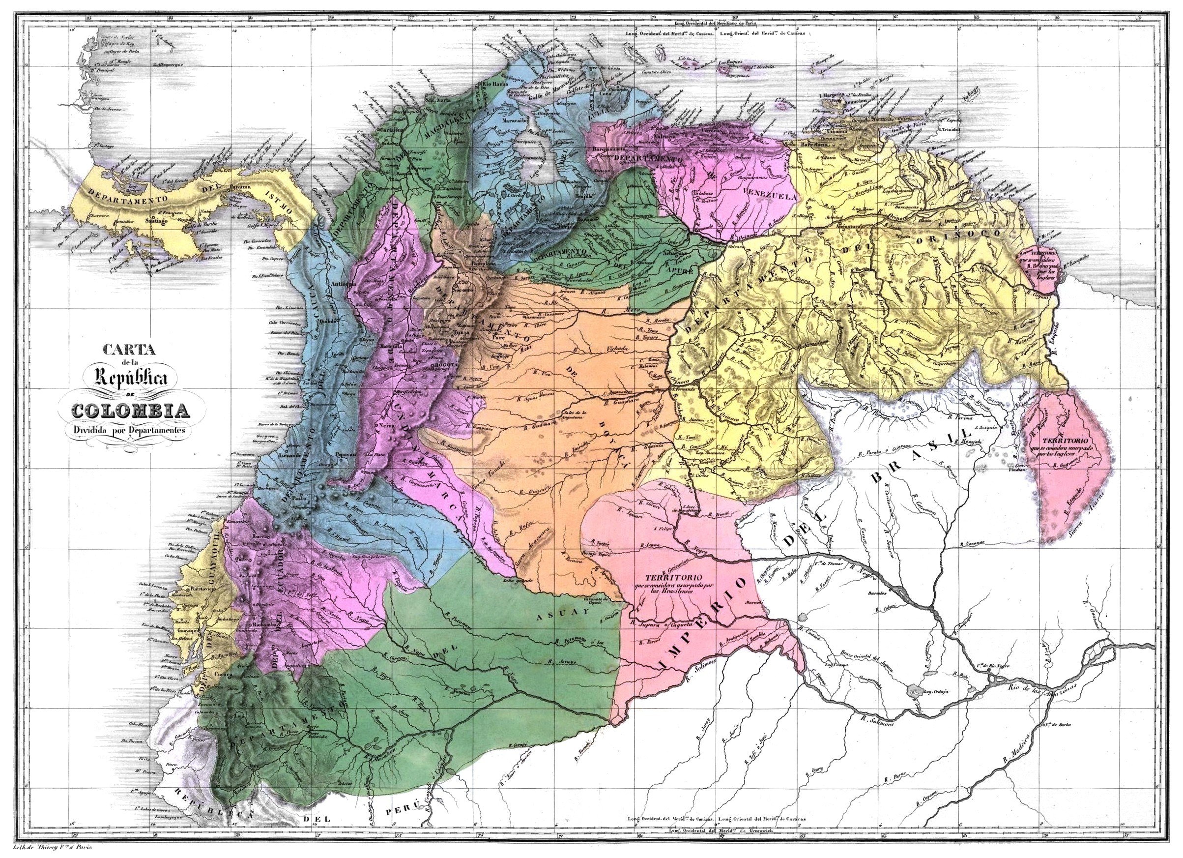 Ein Plakat, das eine Karte von Kolumbien zeigt, dessen Provinzen in verschiedenen Farben hervorgehoben sind und der Text "Karte von Kolumbien der Republik Kolumbien".