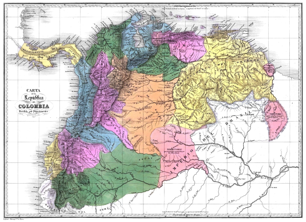 Ein Plakat, das eine Karte von Kolumbien zeigt, dessen Provinzen in verschiedenen Farben hervorgehoben sind und der Text "Karte von Kolumbien der Republik Kolumbien".
