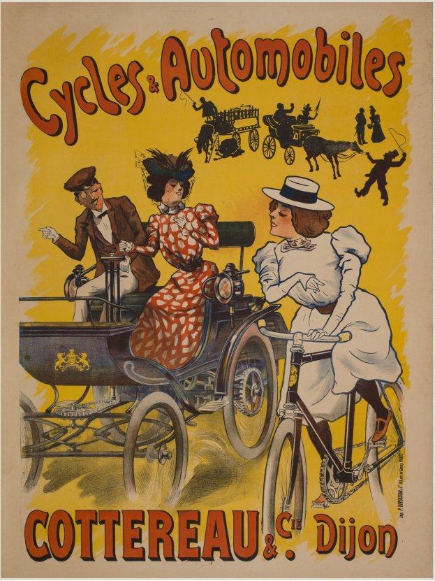 Plakat, das Fahrräder und Automobile in Cottereau und Dijon, Frankreich, bewirbt und Menschen zeigt, die Fahrräder fahren und eine Kutsche mit dem Text "Fahrräder und Automobile" oben drauf