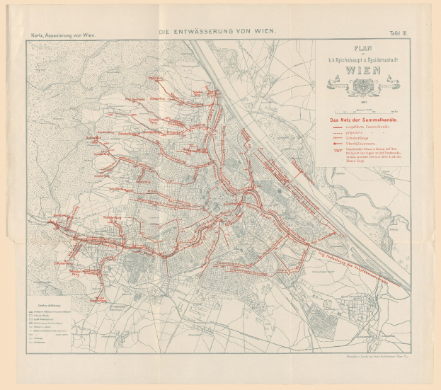 Old map of Wien, Germany with red lines marking a train route, printed on aged paper with visible text.