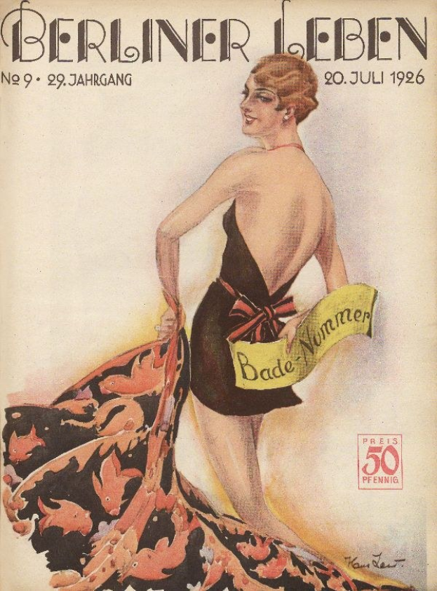Titelbild der Berliner Leben Zeitschrift von Juni 1926 mit einer Frau in einem Badeanzug, die ein Tuch hält, und dem Zeitschriftennamen quer darüber