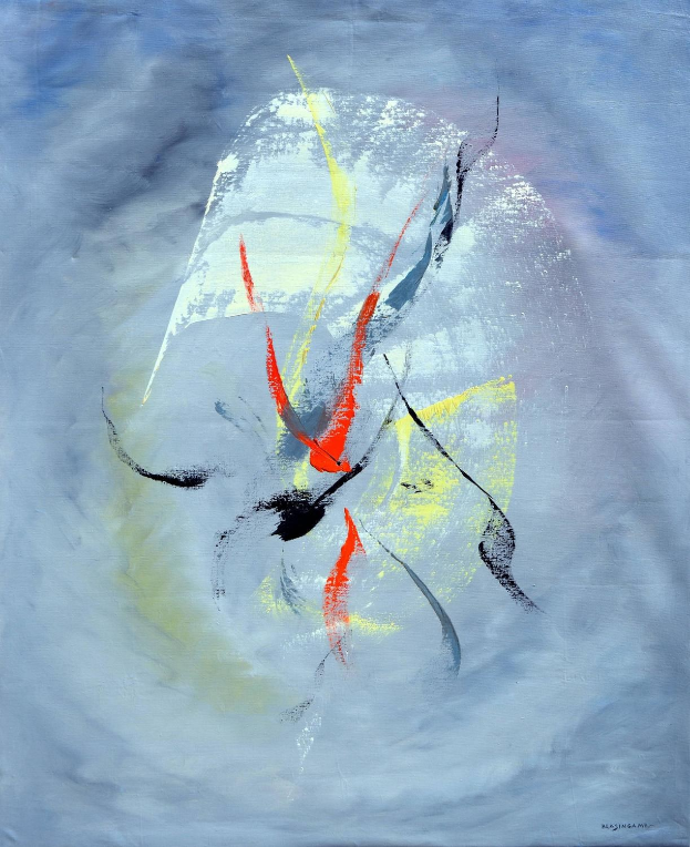 Abstract painting with acrylic on canvas featuring gray tones, red and yellow accents, on a blue background.