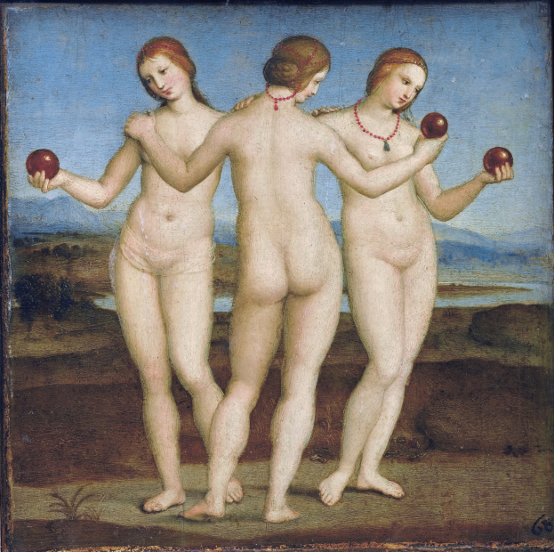 Drei Frauen in einer Landschaft stehend, jede hält einen Apfel in der Hand, in einem klassisch aussehenden Rahmen.