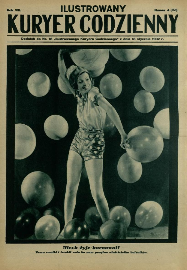A 1932 Polish magazine cover featuring a woman in a bathing suit surrounded by colorful balloons, with text in the background.