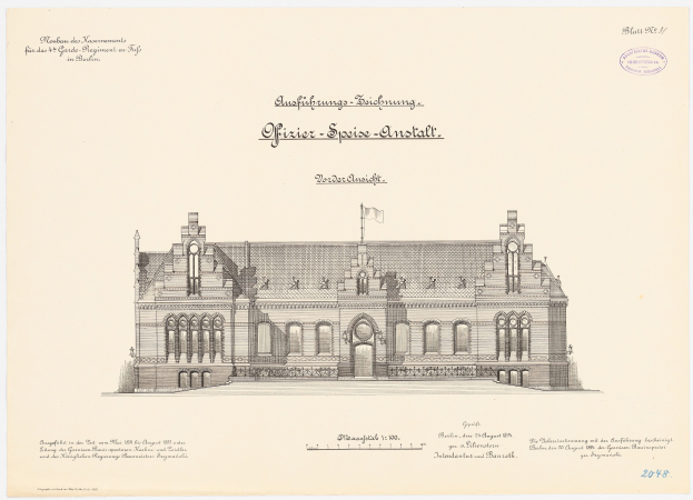 Farbiges Zeichnen des Reichstagsgebäudes, des Hauptsaals des Deutschen Parlaments in Berlin, mit einer Flagge auf seinem Dach und begleitendem Text.