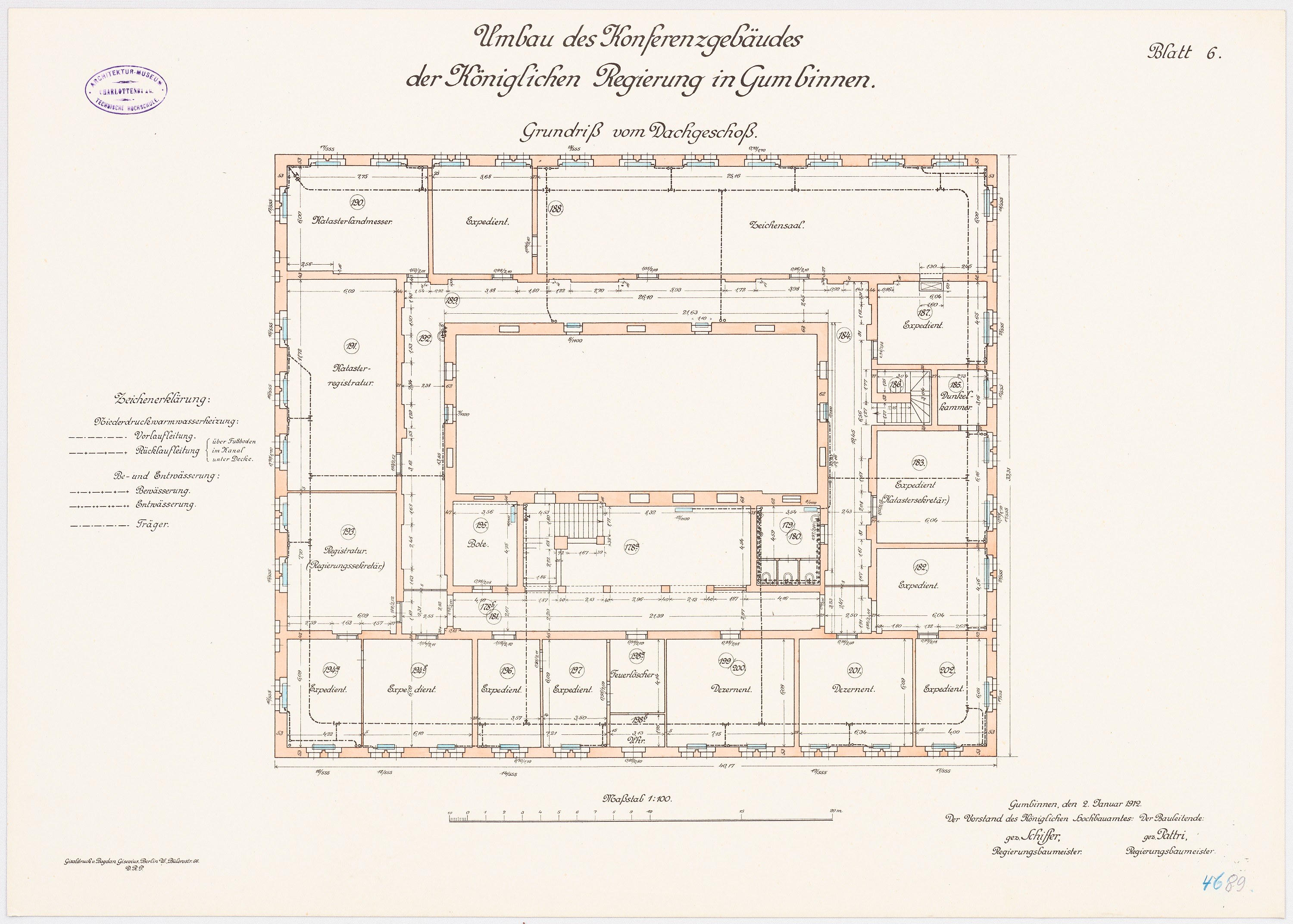 Black and white architectural floor plan of a multi-room building, labeled as the ground floor of the Königlichen Regierung in Gumbinnen, with handwritten annotations detailing the layout.