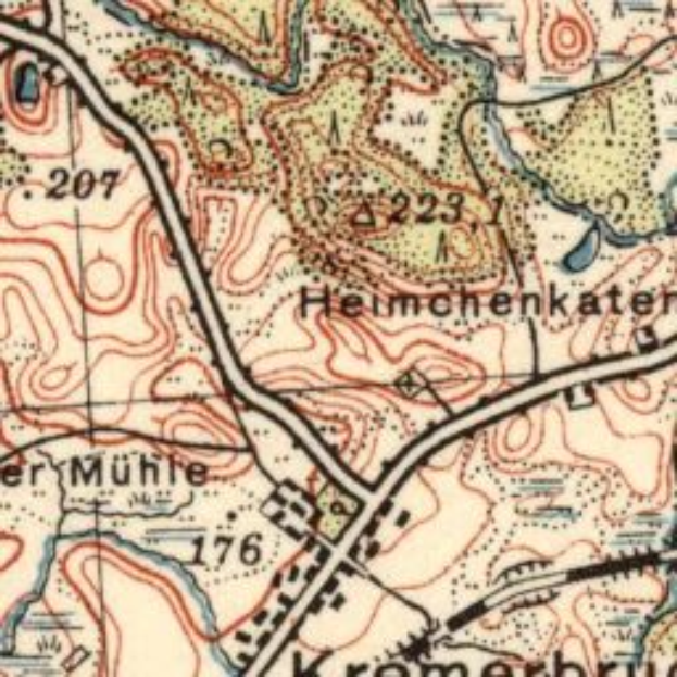 Ein altes topografisches Kartenbild von Kromerbrücke, Deutschland, mit Text und Zahlen, die Standorte angeben.