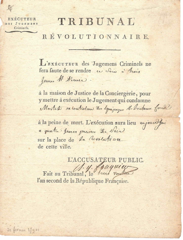 Yellowed legal document titled "Tribunal Révolutionnaire" detailing execution judgments in France, written in cursive font.