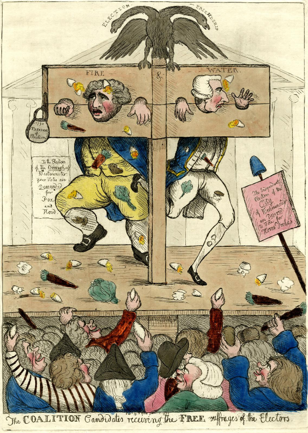 Eine Karikatur eines Mannes in einem gelben Anzug und einer Frau in einem blauen Kleid, die vor einer hölzernen Kiste mit einem Adler darauf stehen, umgeben von mehreren Personen und einer Texttafel, und einem Text am unteren Rand, der "Die Koalitionsbewerber erneuern die freien Wahlen der Wähler" lautet.