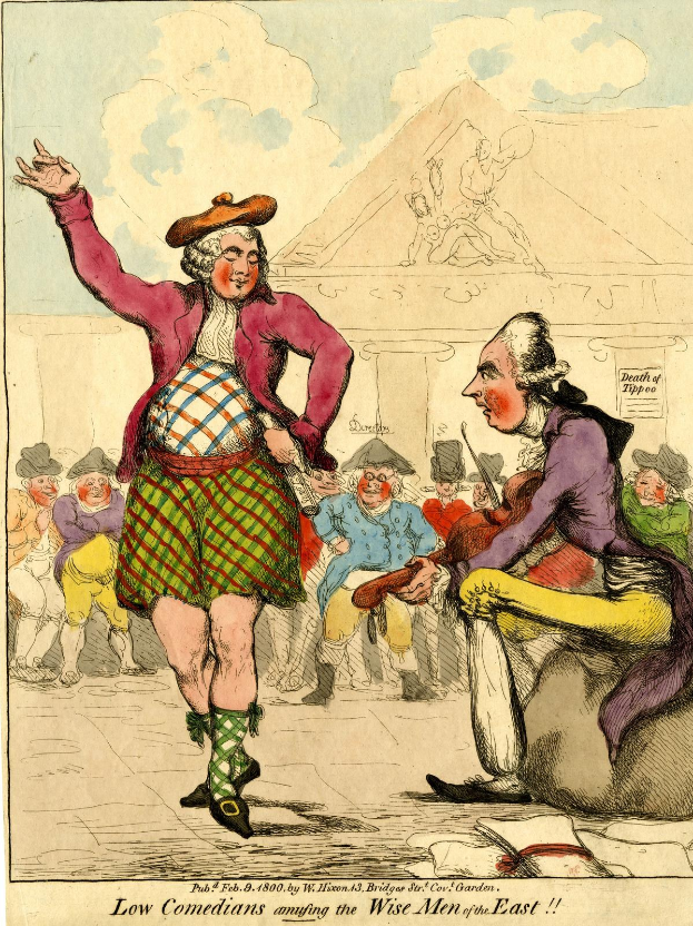 Cartoon illustration of a man in a kilt and a woman in a dress performing for a crowd in front of a building, with text at the bottom reading "Low Comedians Amusing the Wise Men of the East."